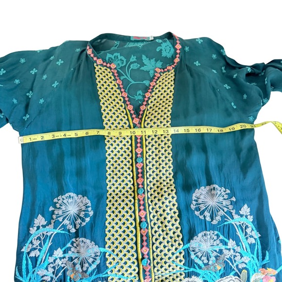 Johnny Was Tunic Women Large Teal Floral Embroidered Cupra Rayon Boho Split Neck - Picture 8 of 13